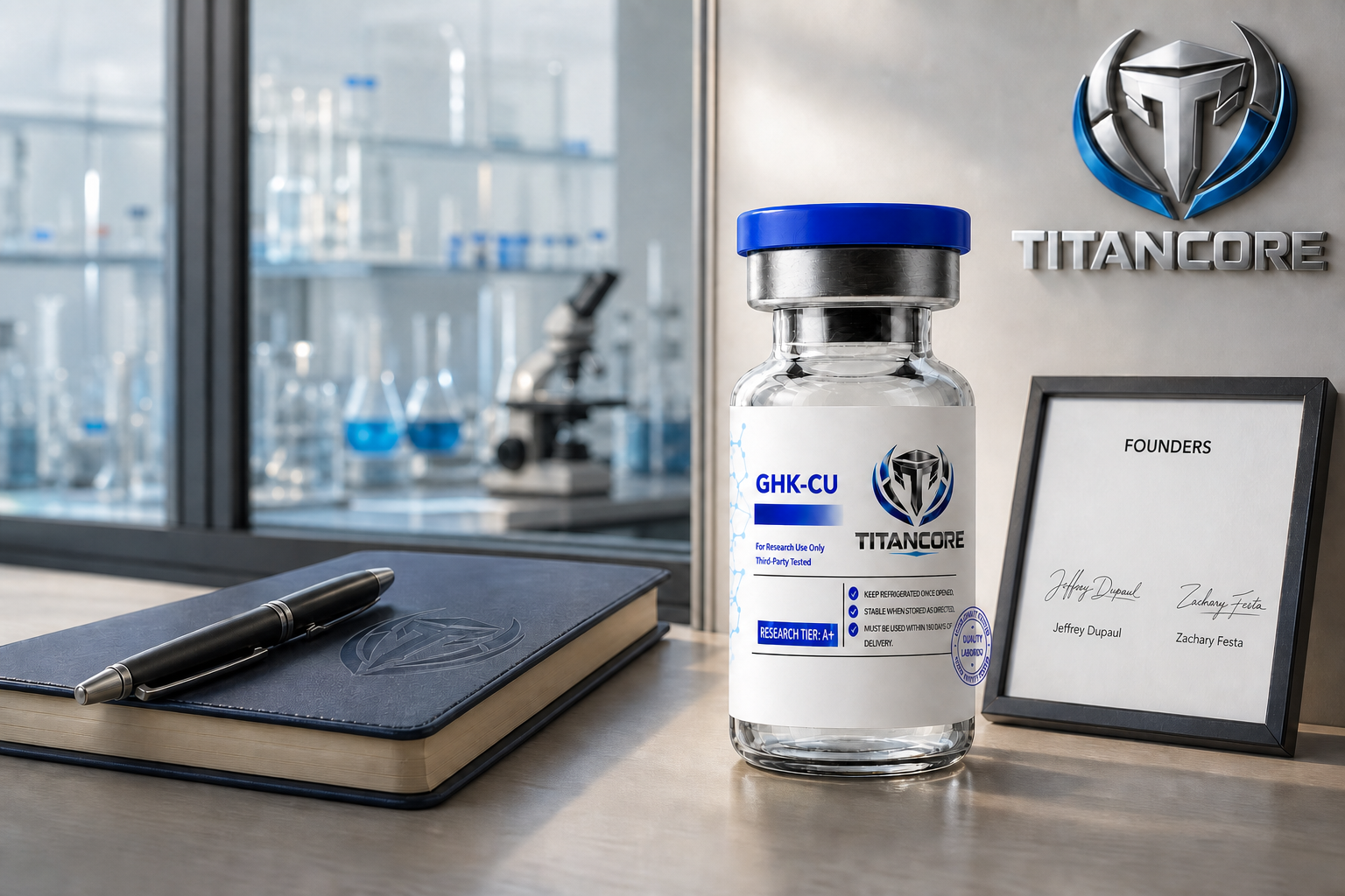 Titan Core bottle on a clean founder desk beside the official logo and Jeffrey Dupaul and Zachary Festa signatures