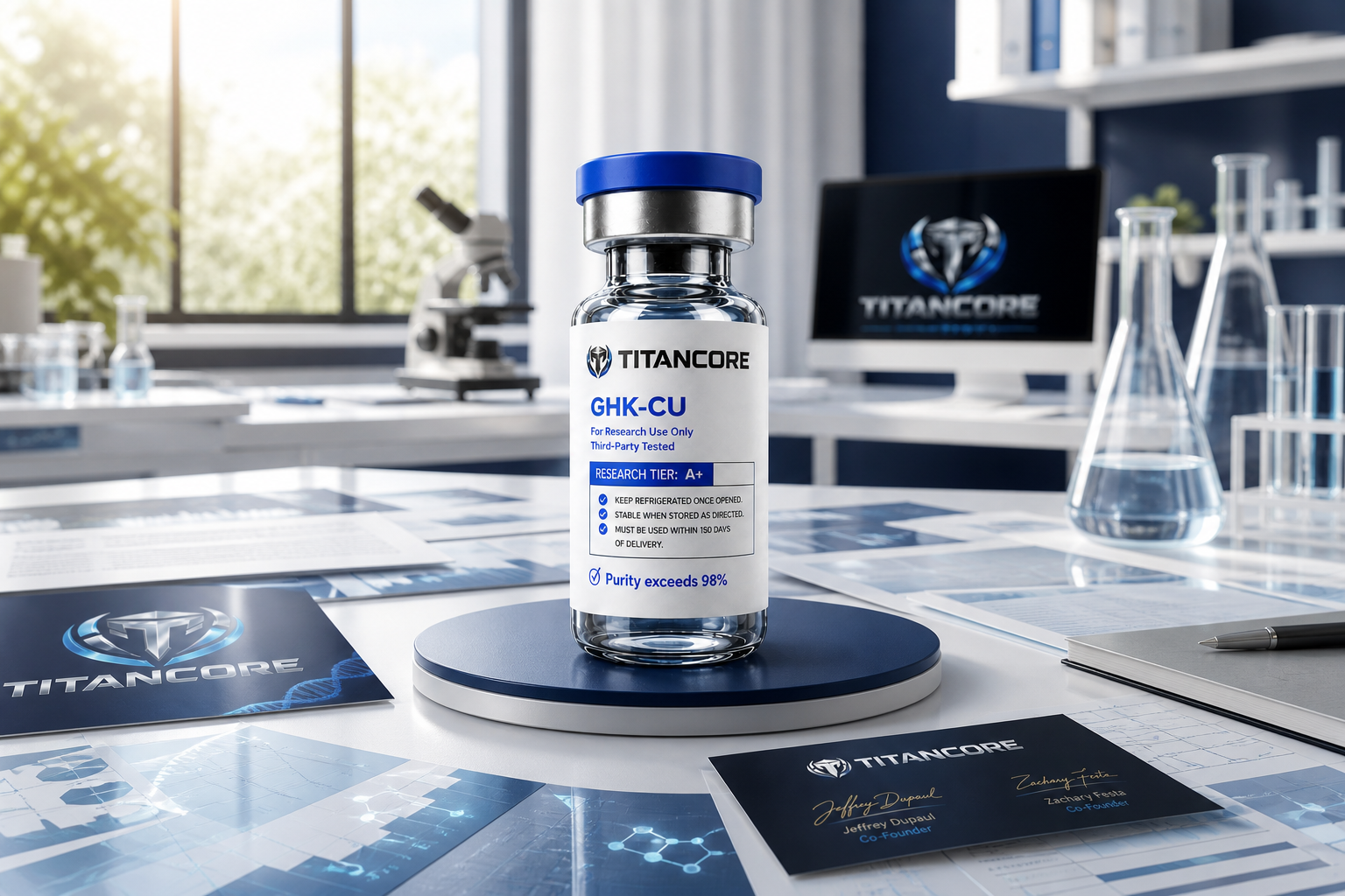 Titan Core bottle and emblem in a clean research environment representing clarity, service and responsible standards