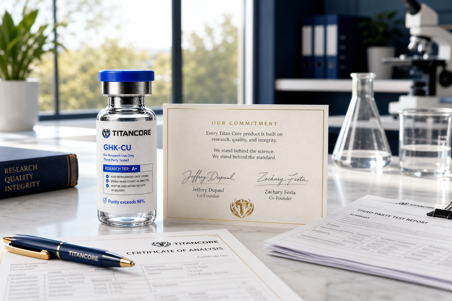 Titan Core emblem, product bottle and co-founder signatures presented as an accountability standard in a bright research office