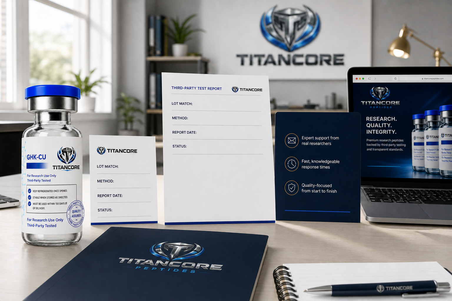 Titan Core product and documentation arranged in a clean, approachable quality-review setting
