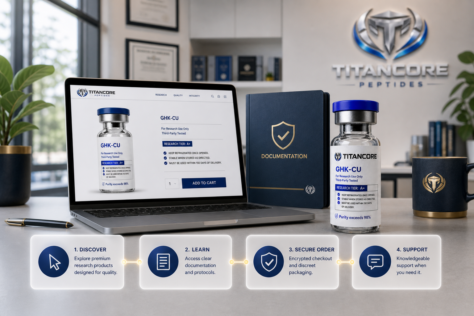 Titan Core product moving through a clear digital product-review, documentation and customer-support journey
