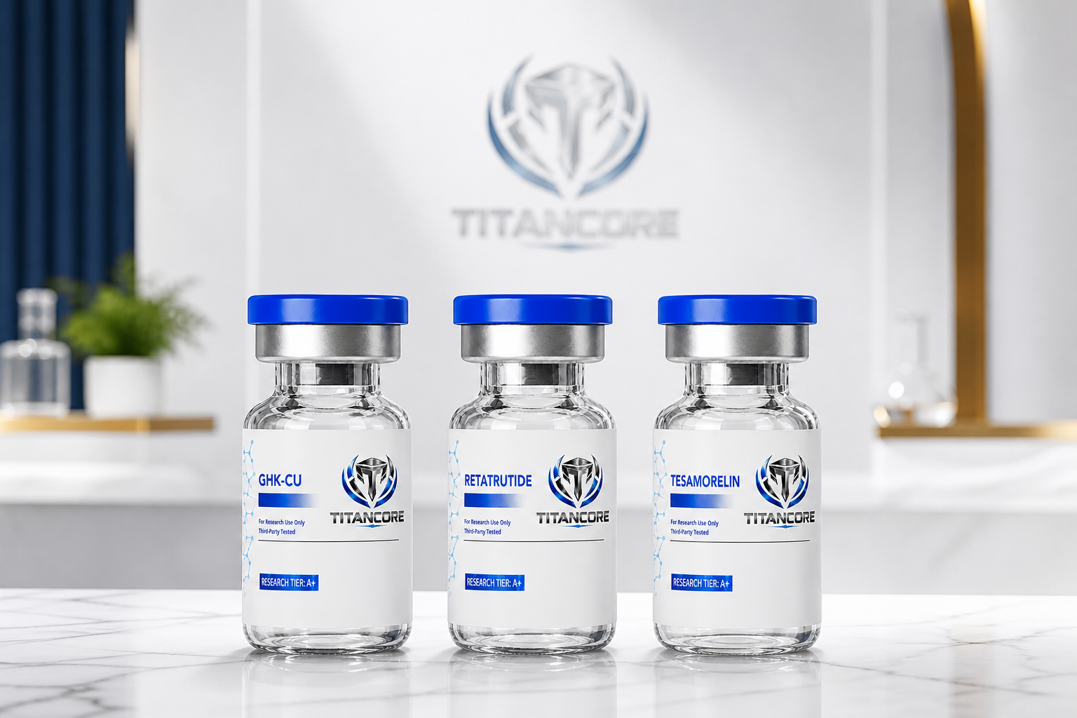 Current Titan Core GHK-CU, Retatrutide and Tesamorelin bottles presented together in a clean branded catalog setting