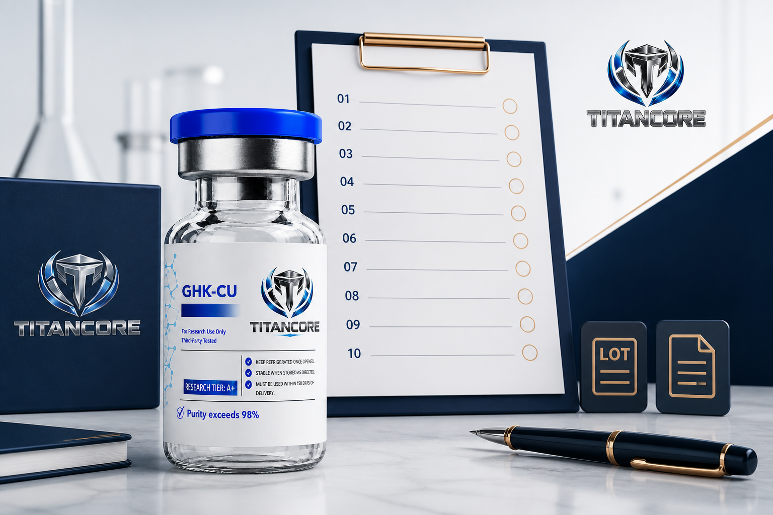 Titan Core GHK-CU bottle beside a clear ten-point research procurement checklist and lot record
