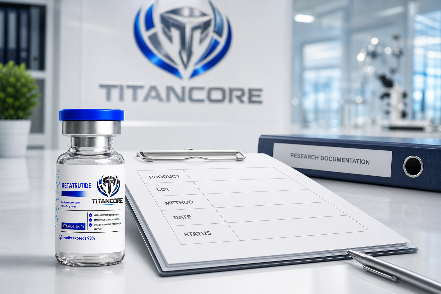 Titan Core Retatrutide bottle beside a clean lot-document checklist in a bright research workspace