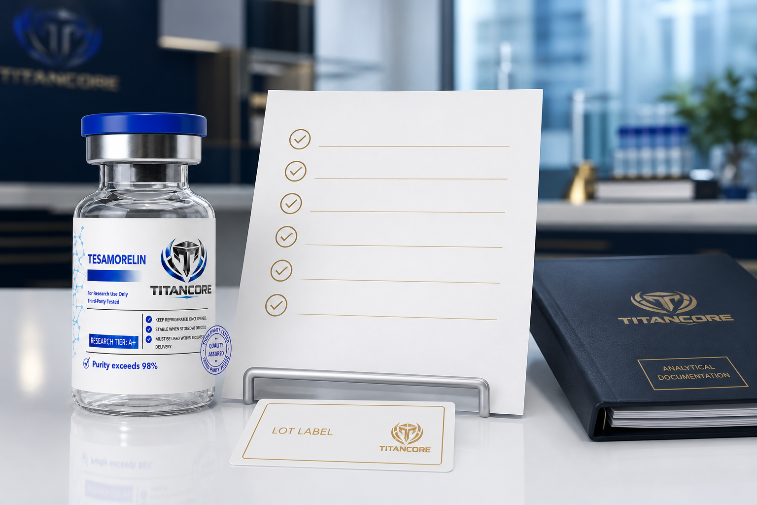 Titan Core Tesamorelin bottle aligned with a lot label, analytical report and procurement checklist