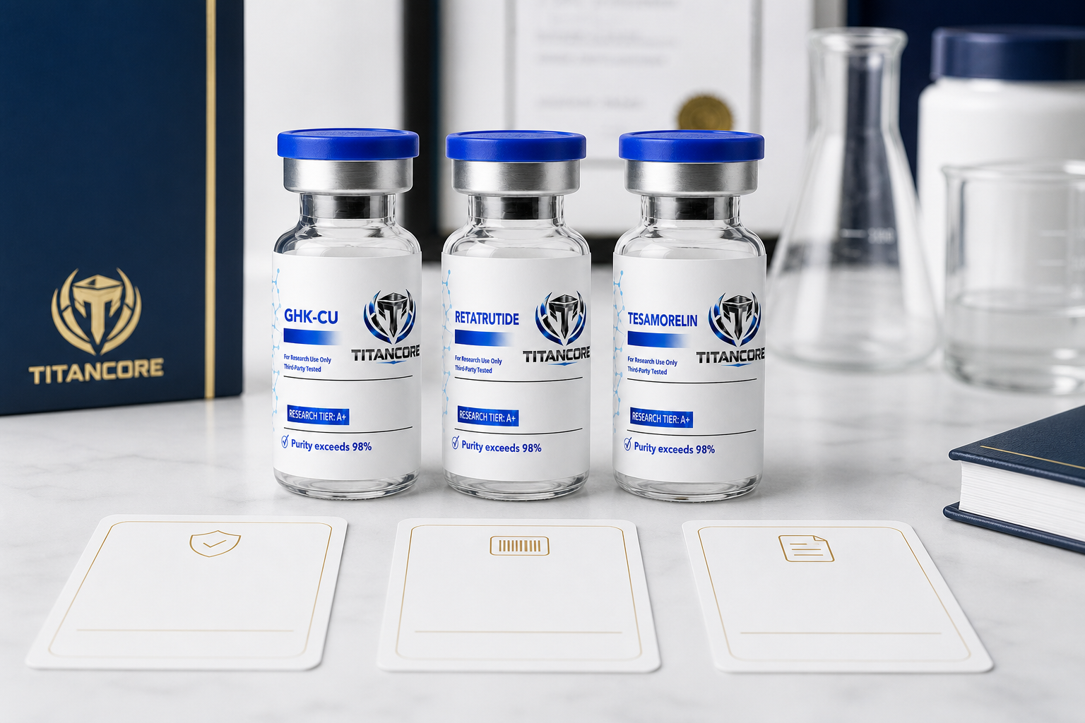 Three labeled Titan Core research products compared with clean evidence cards in a bright workspace