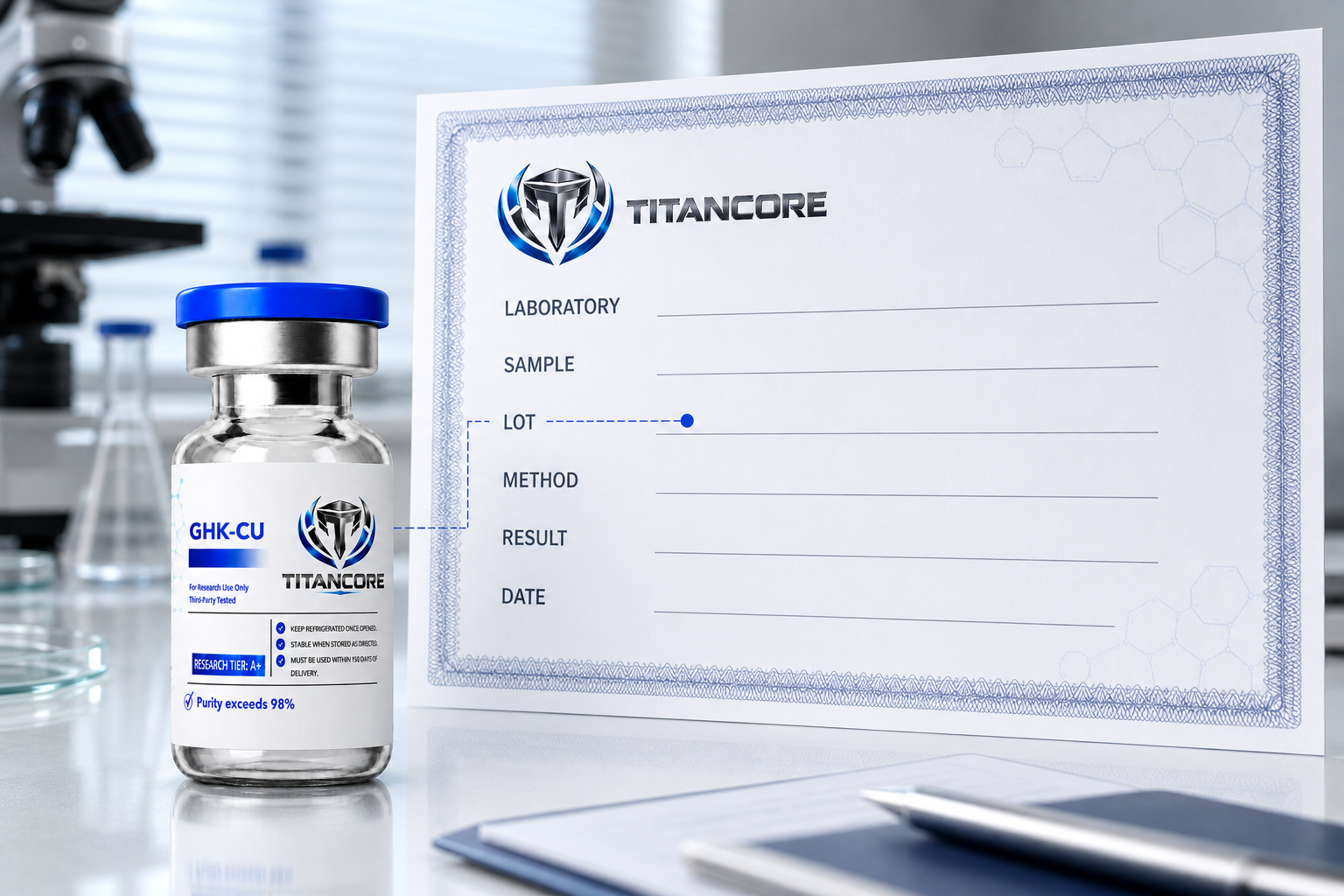 A readable certificate of analysis beside a Titan Core bottle with lot and method fields highlighted