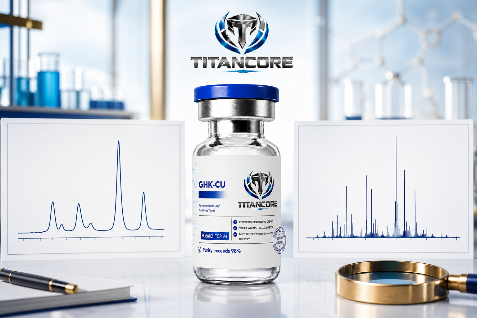 Split editorial visual showing a chromatogram and mass spectrum beside a Titan Core research bottle
