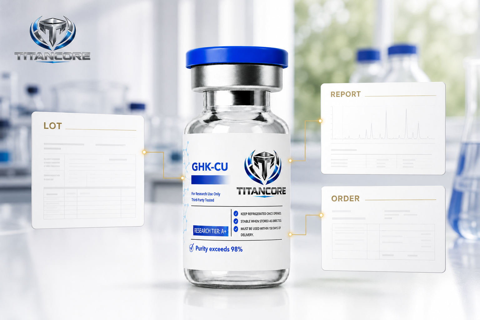 Titan Core bottle lot number connected visually to a matching certificate and order record