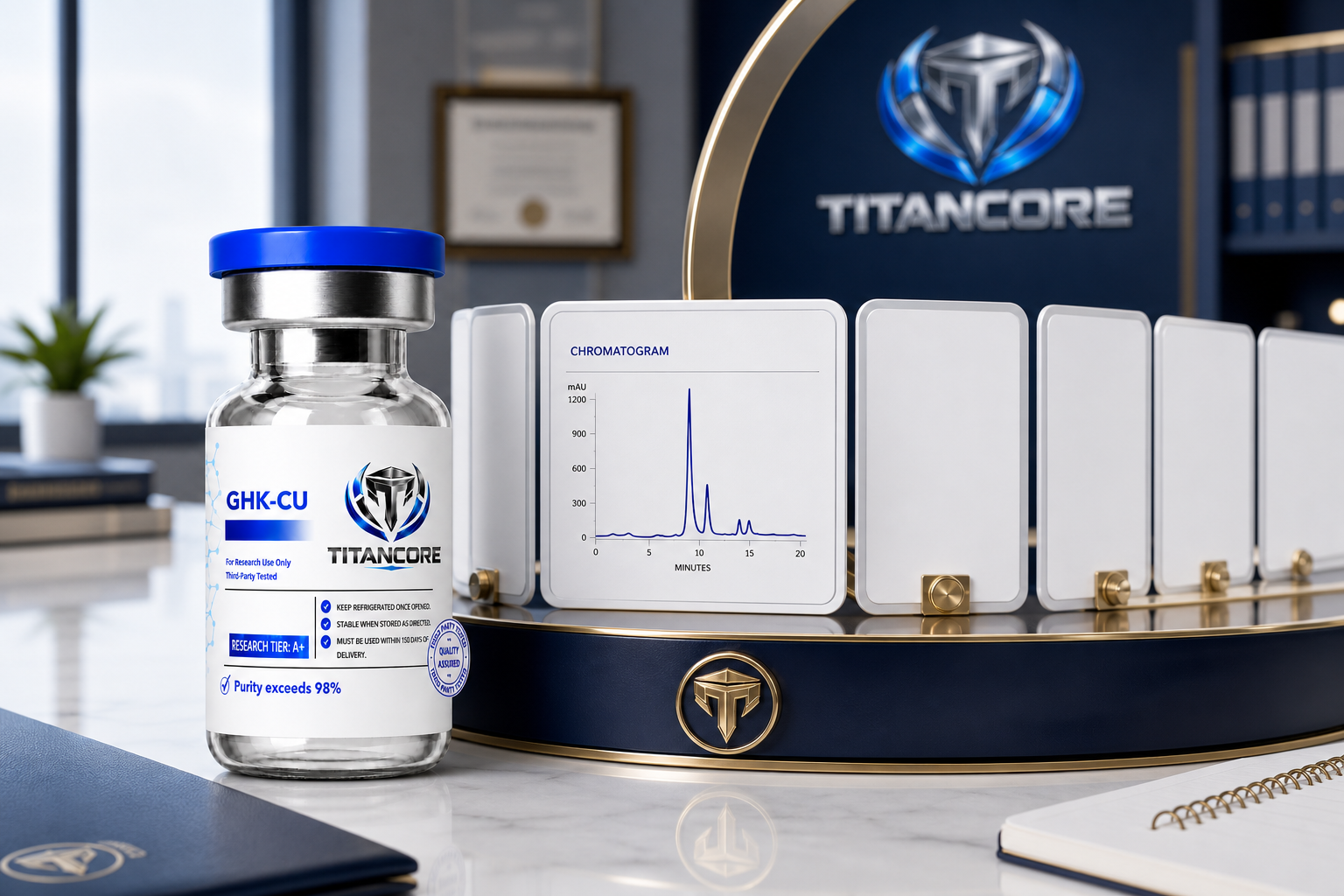 A restrained HPLC chromatogram and purity result card beside a Titan Core bottle, with evidence limits clearly visualized