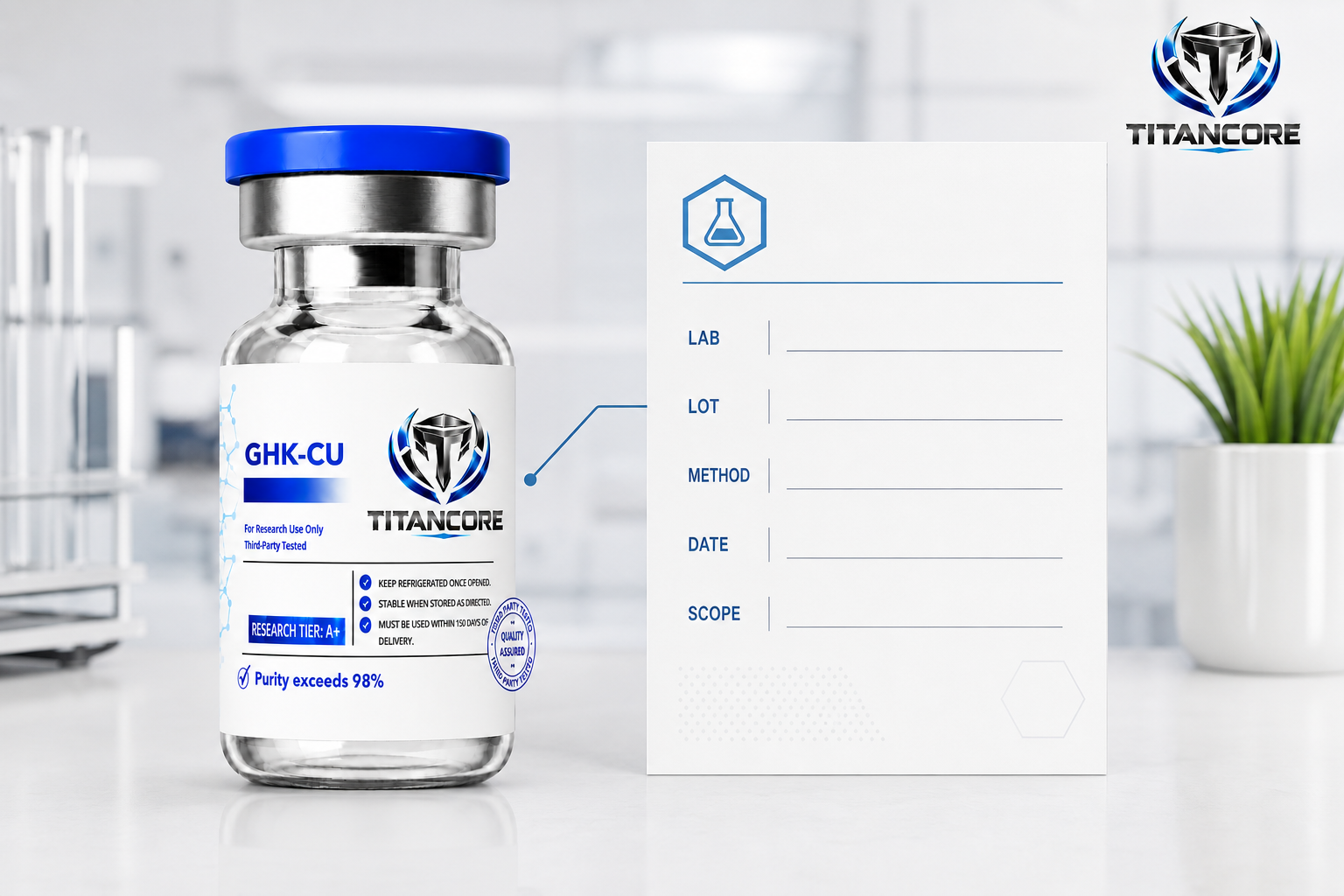 Titan Core research bottle with an independent laboratory report, lot match and method fields visibly connected