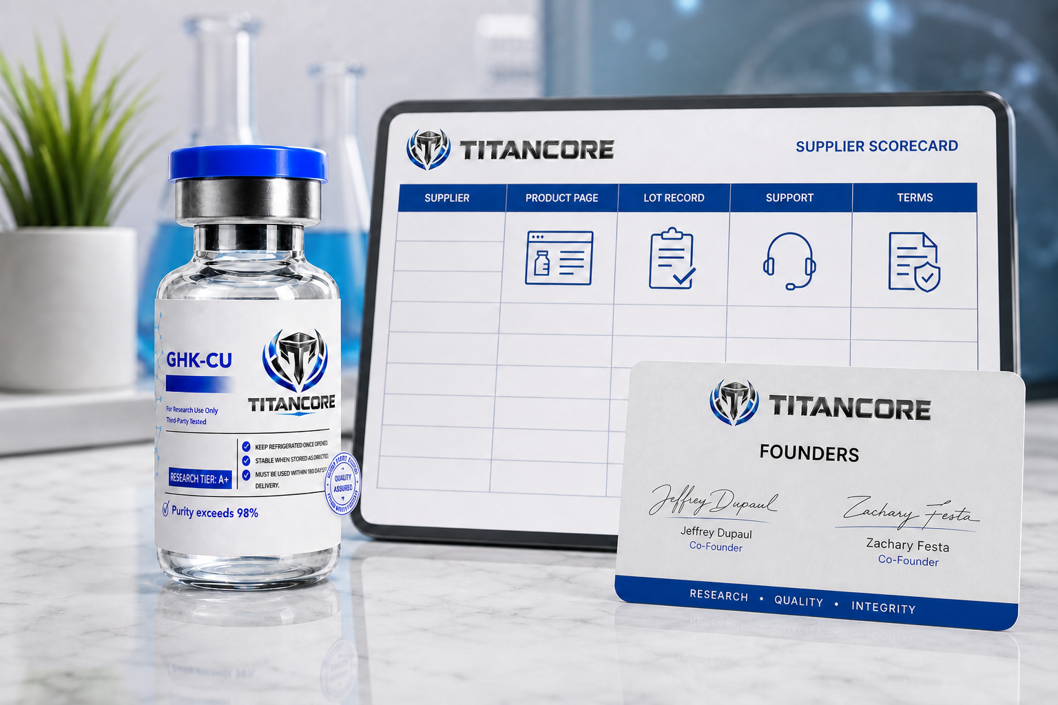 Professional supplier scorecard beside Titan Core brand materials, product bottle and evidence files