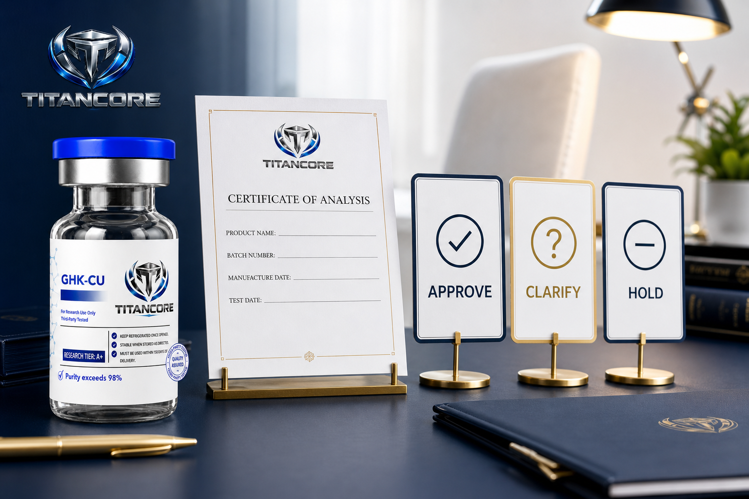 Titan Core bottle beside a structured COA-first procurement checklist with approve, clarify and hold decisions