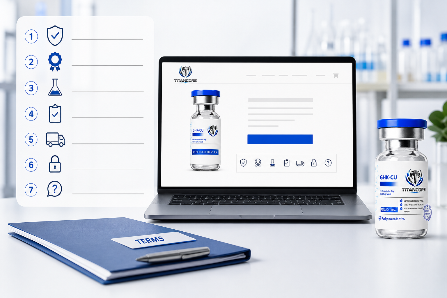 Titan Core product and website order checklist in a calm professional research-commerce setting