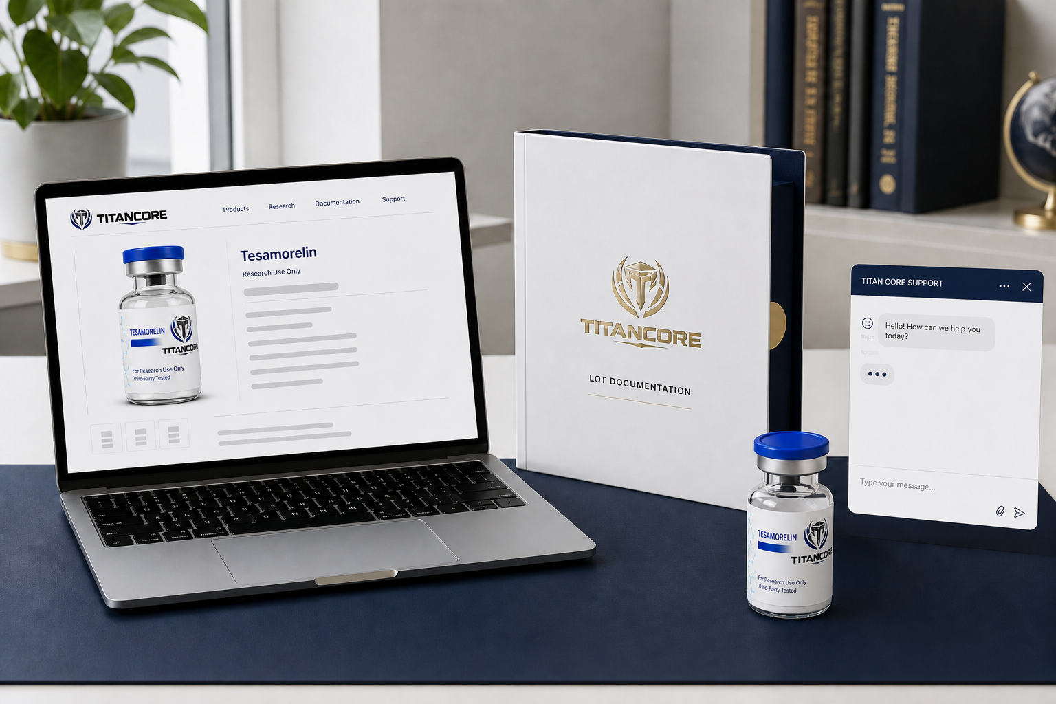Titan Core product page, matching lot document and human support response shown as one connected workflow