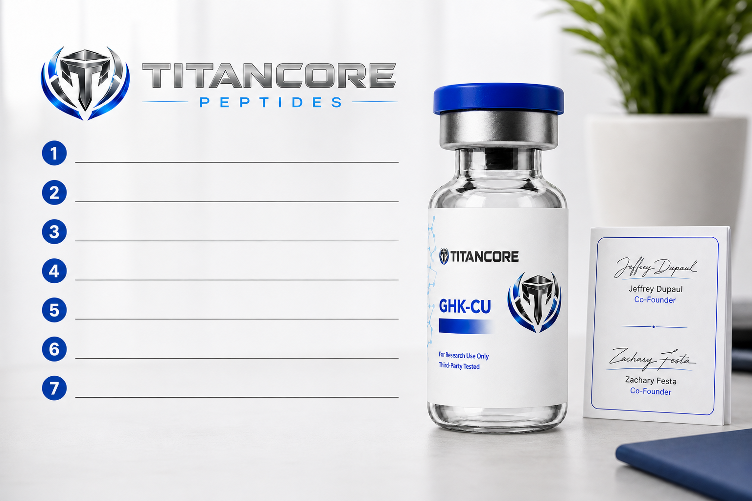 Titan Core branded support desk with product bottle, founder-signature card and seven pre-order questions