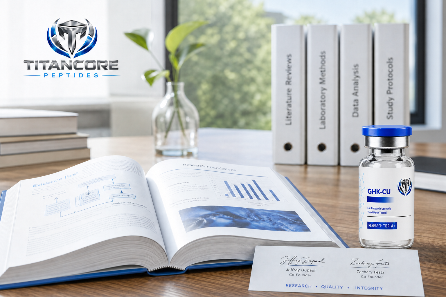 Titan Core founders' approved signatures, real logo and research bottle beside a clear evidence-first content board