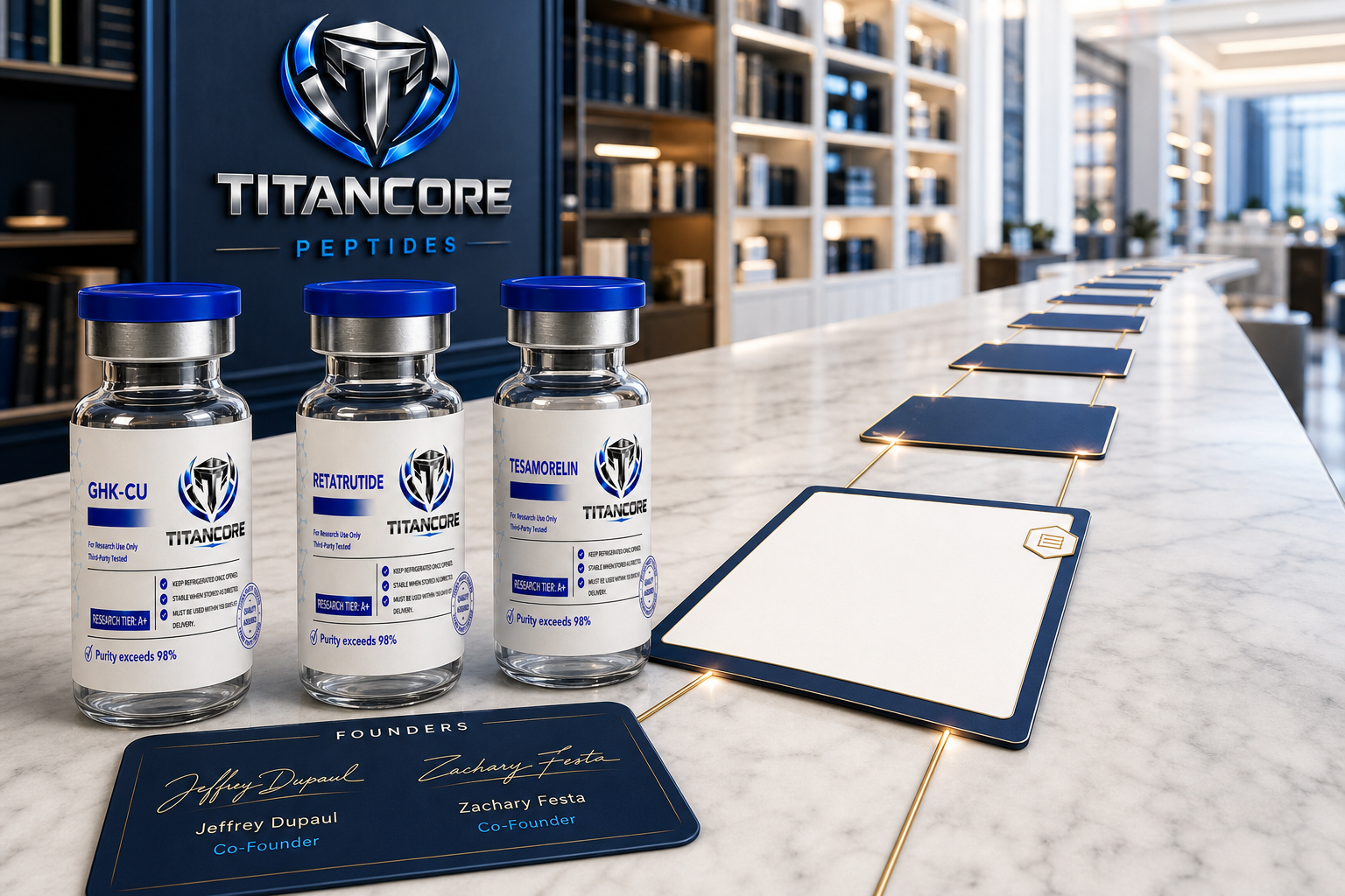 Titan Core founders' approved signatures, official logo and real product bottles overlooking an organized research resource roadmap